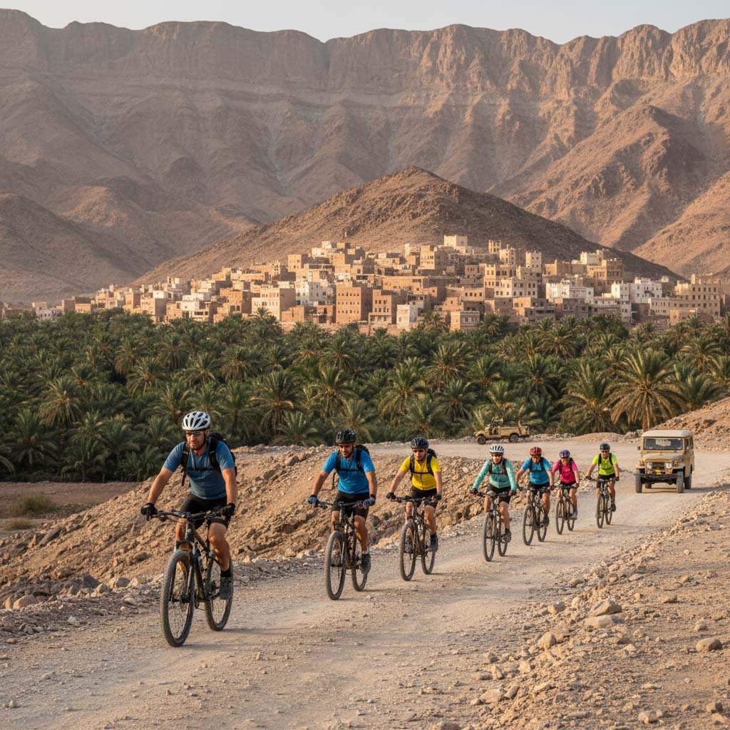 Scoprire la storia dell'Oman in bicicletta, un'escursione privata ed esclusiva tra le oasi di Al Hamra con Black Dove Holidays.