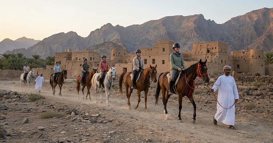 Un'escursione a cavallo tra i palmeti e le antiche rovine in fango della città storica di Al Hamra, Oman