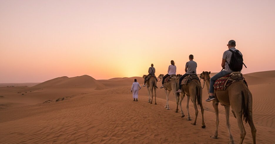 Una carovana di cammelli attraversa le dune di sabbia dorata del deserto di Wahiba Sands durante un suggestivo tramonto, Oman