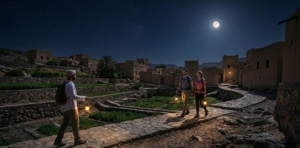 Un'escursione notturna a piedi sotto la luce della luna piena tra le antiche case in pietra e i terrazzamenti di Misfat Al Abriyeen, Oman.