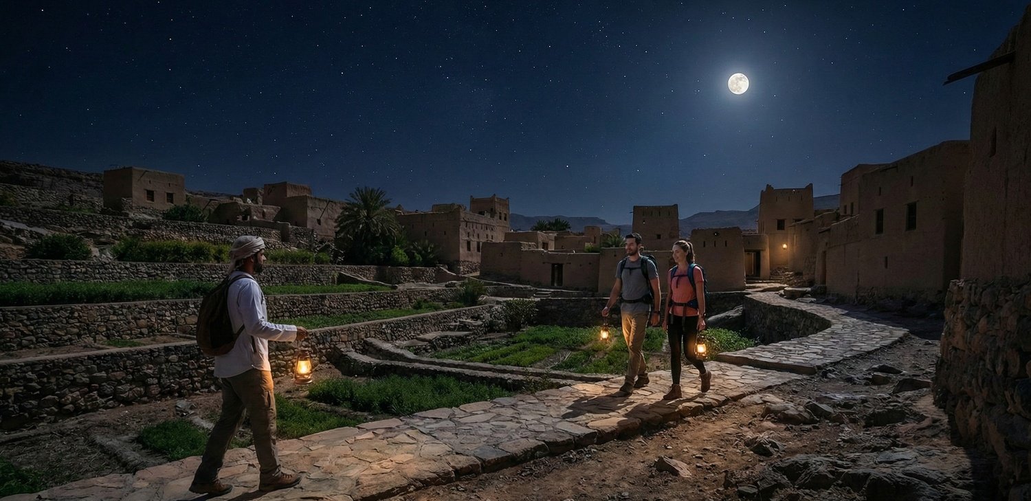 Un'escursione notturna a piedi sotto la luce della luna piena tra le antiche case in pietra e i terrazzamenti di Misfat Al Abriyeen, Oman.