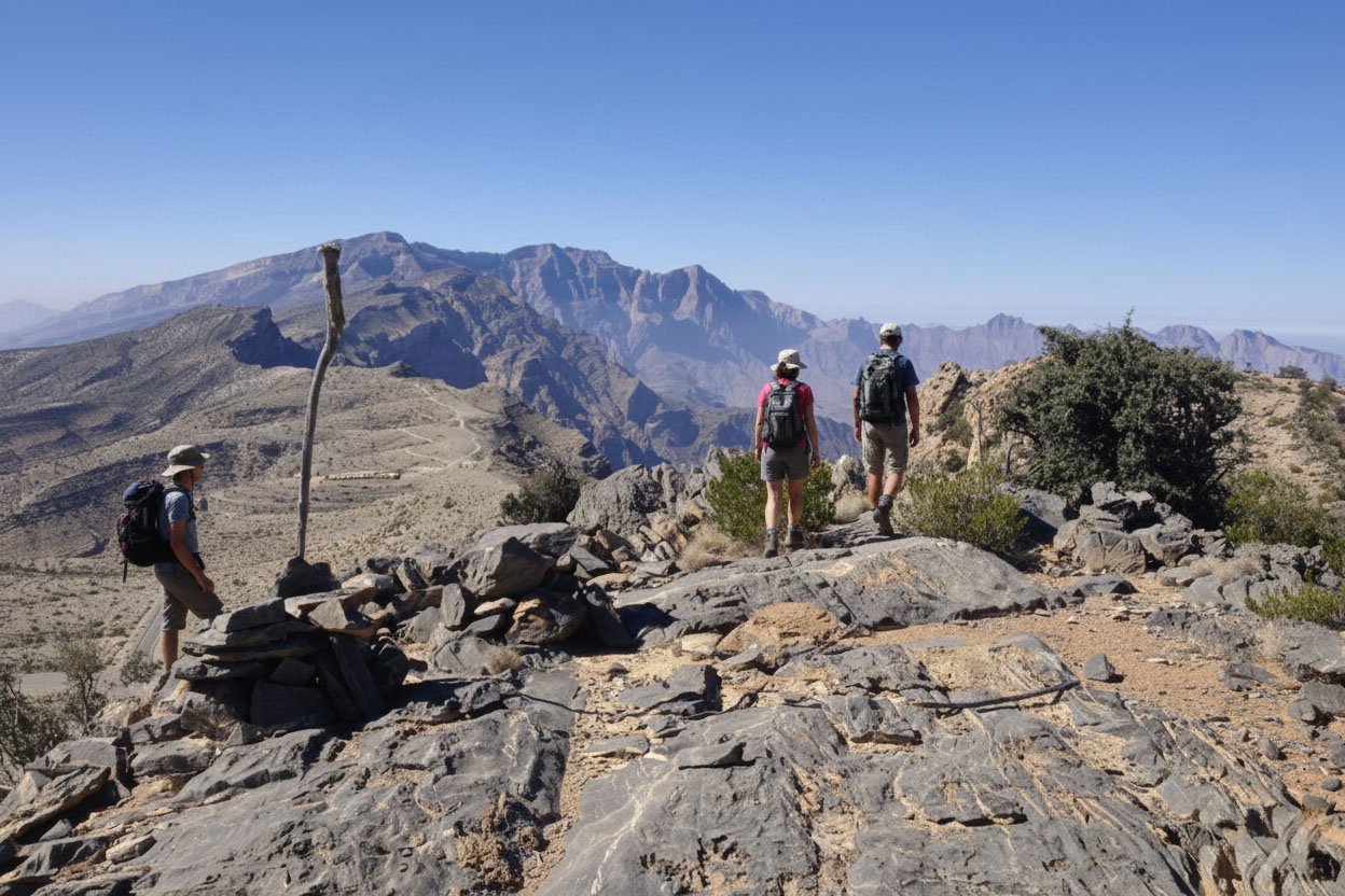 Un escursionista cammina lungo il sentiero in cresta di Sharaf Al Alamayn con vista panoramica sulle montagne e i canyon dell'Oman.