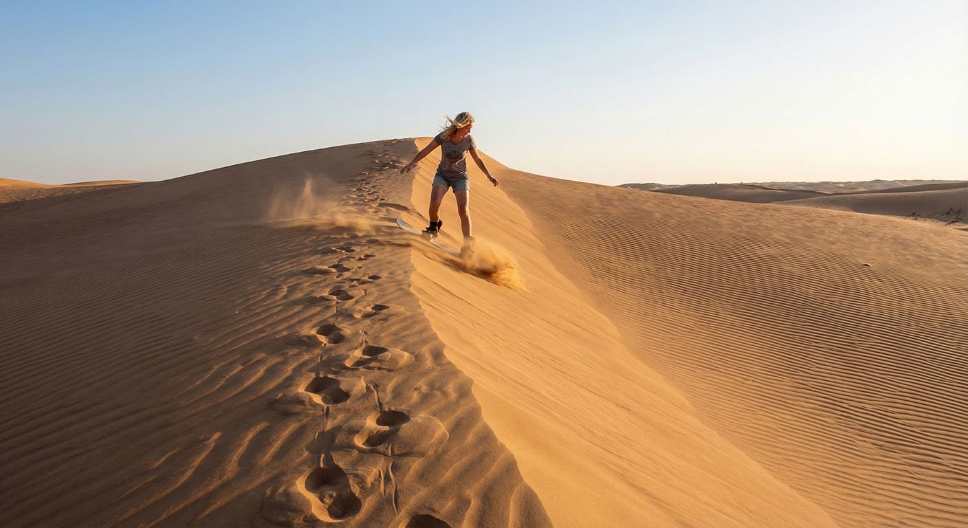Un viaggiatore che fa sandboarding scivolando lungo le alte dune di sabbia dorata del deserto di Wahiba Sands, Oman
